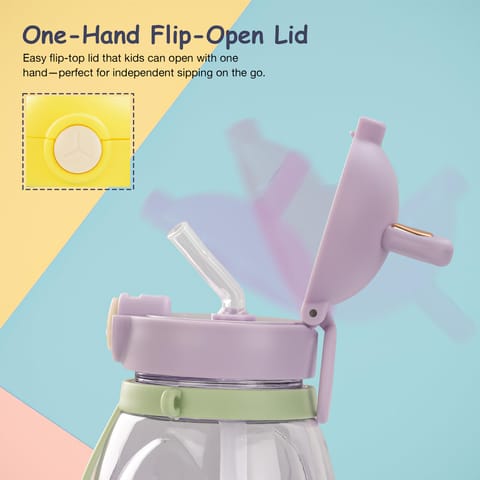 Baybee Lovely Bunnies Kids Water Bottle 600ml | BPA Free & Leakproof Safe Sipper Bottle with Straw | Cute Rabbit Design Smooth Sipping with Handle & Neck Strap,Flip Lid for School Kids & Babys(Purple)