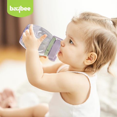 Baybee Lovely Bunnies Kids Water Bottle 600ml | BPA Free & Leakproof Safe Sipper Bottle with Straw | Cute Rabbit Design Smooth Sipping with Handle & Neck Strap,Flip Lid for School Kids & Babys(Purple)