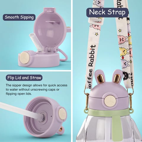 Baybee Lovely Bunnies Kids Water Bottle 600ml | BPA Free & Leakproof Safe Sipper Bottle with Straw | Cute Rabbit Design Smooth Sipping with Handle & Neck Strap,Flip Lid for School Kids & Babys(Purple)