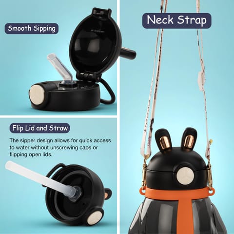 Baybee Lovely Bunnies Kids Water Bottle 600ml | BPA Free & Leakproof Safe Sipper Bottle with Straw | Cute Rabbit Design Smooth Sipping with Handle & Neck Strap,Flip Lid for School Kids & Babys (Black)
