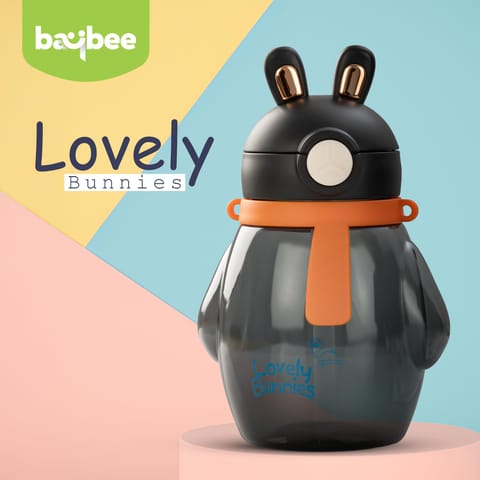 Baybee Lovely Bunnies Kids Water Bottle 600ml | BPA Free & Leakproof Safe Sipper Bottle with Straw | Cute Rabbit Design Smooth Sipping with Handle & Neck Strap,Flip Lid for School Kids & Babys (Black)