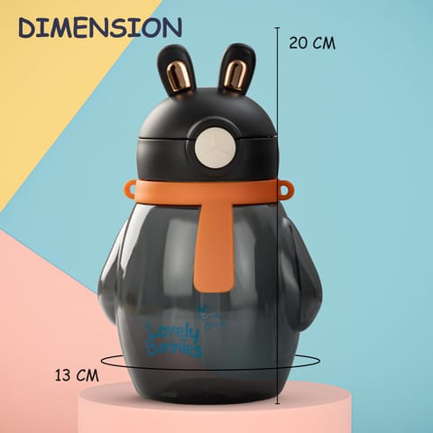 Baybee Lovely Bunnies Kids Water Bottle 600ml | BPA Free & Leakproof Safe Sipper Bottle with Straw | Cute Rabbit Design Smooth Sipping with Handle & Neck Strap,Flip Lid for School Kids & Babys (Black)