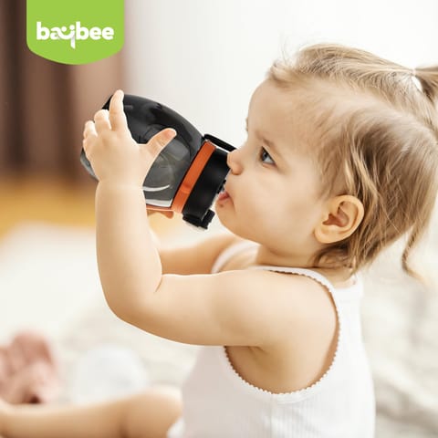 Baybee Lovely Bunnies Kids Water Bottle 600ml | BPA Free & Leakproof Safe Sipper Bottle with Straw | Cute Rabbit Design Smooth Sipping with Handle & Neck Strap,Flip Lid for School Kids & Babys (Black)