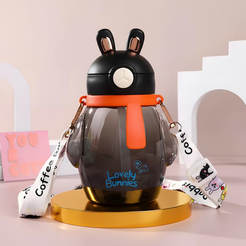 Baybee Lovely Bunnies Kids Water Bottle 600ml | BPA Free & Leakproof Safe Sipper Bottle with Straw | Cute Rabbit Design Smooth Sipping with Handle & Neck Strap,Flip Lid for School Kids & Babys (Black)