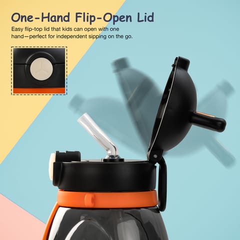 Baybee Lovely Bunnies Kids Water Bottle 600ml | BPA Free & Leakproof Safe Sipper Bottle with Straw | Cute Rabbit Design Smooth Sipping with Handle & Neck Strap,Flip Lid for School Kids & Babys (Black)