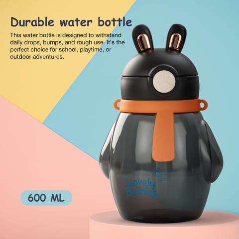 Baybee Lovely Bunnies Kids Water Bottle 600ml | BPA Free & Leakproof Safe Sipper Bottle with Straw | Cute Rabbit Design Smooth Sipping with Handle & Neck Strap,Flip Lid for School Kids & Babys (Black)