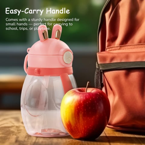 Baybee Lovely Bunnies Kids Water Bottle 600ml | BPA Free & Leakproof Safe Sipper Bottle with Straw | Cute Rabbit Design Smooth Sipping with Handle & Neck Strap, Flip Lid for School Kids & Babys (Pink)