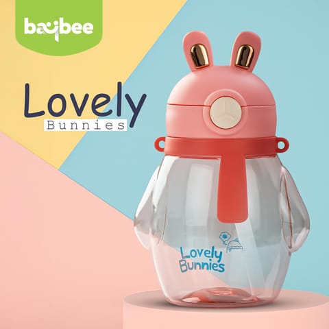Baybee Lovely Bunnies Kids Water Bottle 600ml | BPA Free & Leakproof Safe Sipper Bottle with Straw | Cute Rabbit Design Smooth Sipping with Handle & Neck Strap, Flip Lid for School Kids & Babys (Pink)