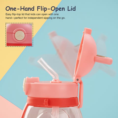 Baybee Lovely Bunnies Kids Water Bottle 600ml | BPA Free & Leakproof Safe Sipper Bottle with Straw | Cute Rabbit Design Smooth Sipping with Handle & Neck Strap, Flip Lid for School Kids & Babys (Pink)