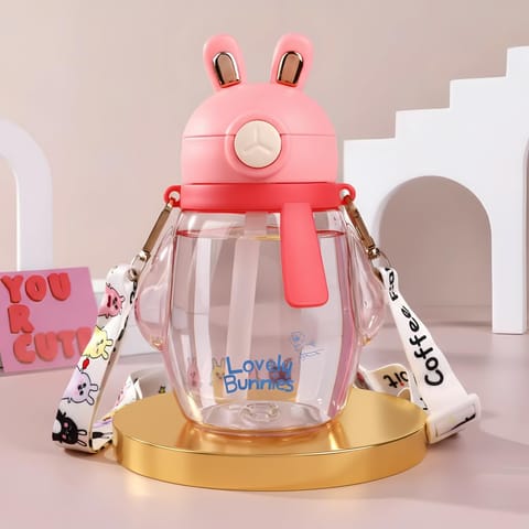 Baybee Lovely Bunnies Kids Water Bottle 600ml | BPA Free & Leakproof Safe Sipper Bottle with Straw | Cute Rabbit Design Smooth Sipping with Handle & Neck Strap, Flip Lid for School Kids & Babys (Pink)