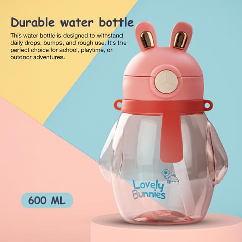 Baybee Lovely Bunnies Kids Water Bottle 600ml | BPA Free & Leakproof Safe Sipper Bottle with Straw | Cute Rabbit Design Smooth Sipping with Handle & Neck Strap, Flip Lid for School Kids & Babys (Pink)