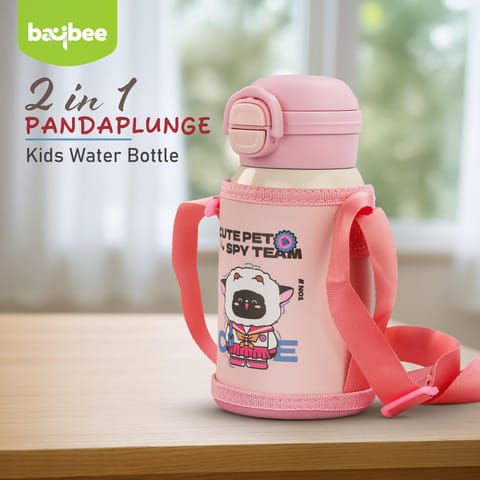 Baybee 2 in 1 PandaPlunge Baby Sipper Bottle with Straw for Kids | Leak Proof Sipper Water Bottle with Carry Pouch & Adjustable Strap | BPA Free & Non-Toxic with 550ml Capacity | Drinking Water Bottle for School Kids Boys Girls (Pink)