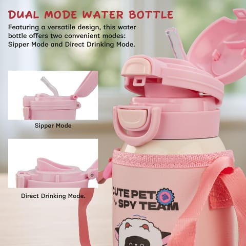 Baybee 2 in 1 PandaPlunge Baby Sipper Bottle with Straw for Kids | Leak Proof Sipper Water Bottle with Carry Pouch & Adjustable Strap | BPA Free & Non-Toxic with 550ml Capacity | Drinking Water Bottle for School Kids Boys Girls (Pink)