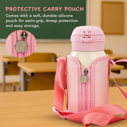 Baybee 2 in 1 PandaPlunge Baby Sipper Bottle with Straw for Kids | Leak Proof Sipper Water Bottle with Carry Pouch & Adjustable Strap | BPA Free & Non-Toxic with 550ml Capacity | Drinking Water Bottle for School Kids Boys Girls (Pink)