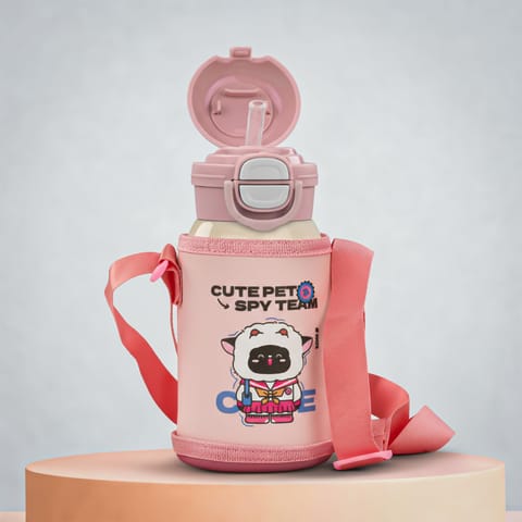 Baybee 2 in 1 PandaPlunge Baby Sipper Bottle with Straw for Kids | Leak Proof Sipper Water Bottle with Carry Pouch & Adjustable Strap | BPA Free & Non-Toxic with 550ml Capacity | Drinking Water Bottle for School Kids Boys Girls (Pink)