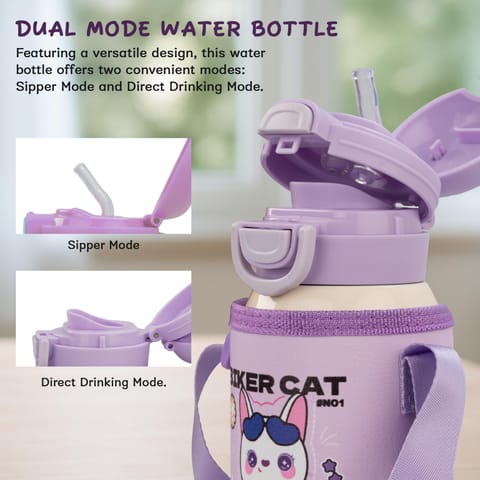 Baybee 2 in 1 PandaPlunge Baby Sipper Bottle with Straw for Kids | Leak Proof Sipper Water Bottle with Carry Pouch & Adjustable Strap | BPA Free & Non-Toxic with 550ml Capacity | Drinking Water Bottle for School Kids Boys Girls (Purple)