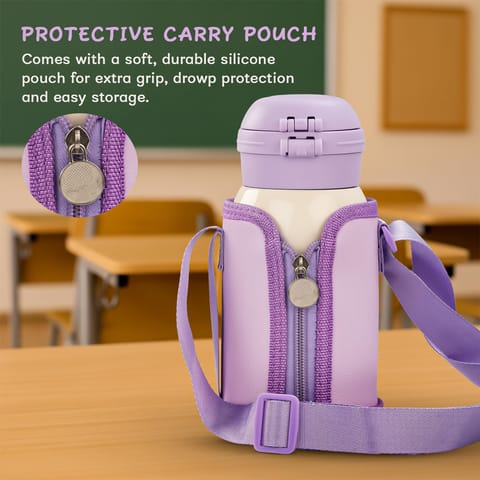 Baybee 2 in 1 PandaPlunge Baby Sipper Bottle with Straw for Kids | Leak Proof Sipper Water Bottle with Carry Pouch & Adjustable Strap | BPA Free & Non-Toxic with 550ml Capacity | Drinking Water Bottle for School Kids Boys Girls (Purple)