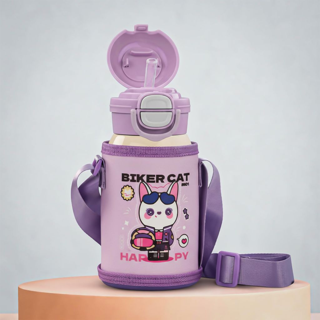 Baybee 2 in 1 PandaPlunge Baby Sipper Bottle with Straw for Kids | Leak Proof Sipper Water Bottle with Carry Pouch & Adjustable Strap | BPA Free & Non-Toxic with 550ml Capacity | Drinking Water Bottle for School Kids Boys Girls (Purple)