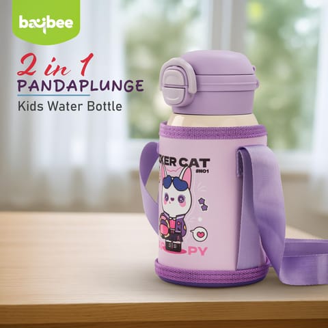 Baybee 2 in 1 PandaPlunge Baby Sipper Bottle with Straw for Kids | Leak Proof Sipper Water Bottle with Carry Pouch & Adjustable Strap | BPA Free & Non-Toxic with 550ml Capacity | Drinking Water Bottle for School Kids Boys Girls (Purple)