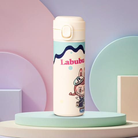 BAYBEE Stainless Steel Kids Sipper Water Bottle 420ml | Spill-Proof, BPA Free Insulated Sipper for Hot & Cold Drinks | One Hand Flip Lid, Non-Skid Base, Drinking Water Bottle for Boys Girls (Beige)