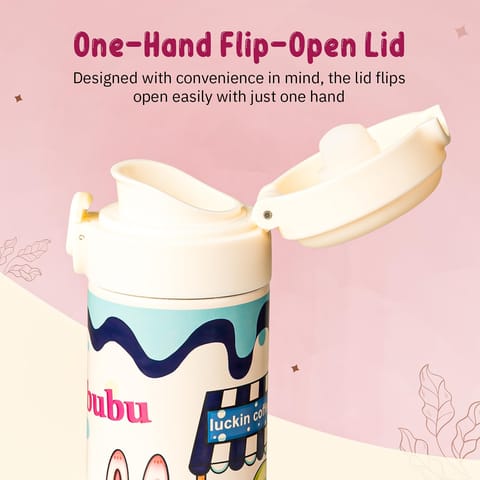 BAYBEE Stainless Steel Kids Sipper Water Bottle 420ml | Spill-Proof, BPA Free Insulated Sipper for Hot & Cold Drinks | One Hand Flip Lid, Non-Skid Base, Drinking Water Bottle for Boys Girls (Beige)