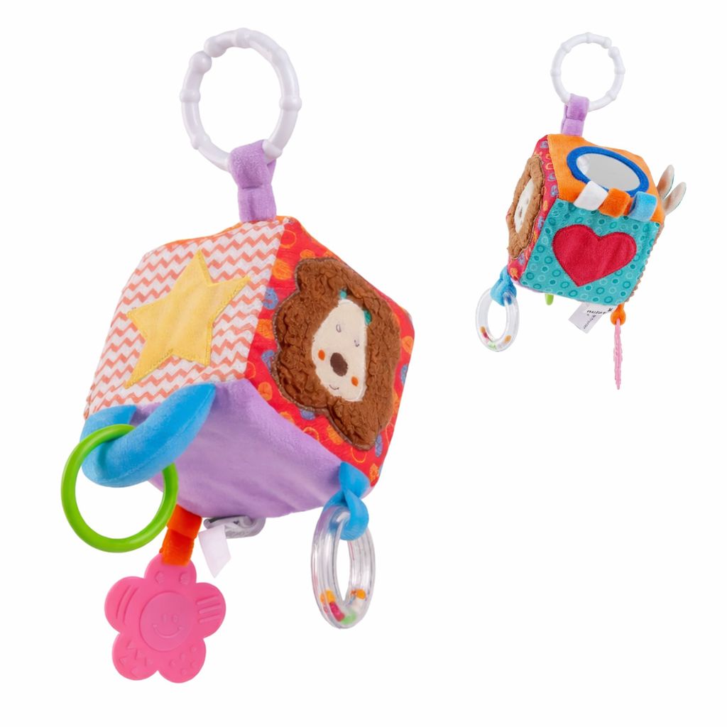 Nuluv Lion Activity Cube Rattle Ring for Baby Toy, Teether, Mirror and Crinkle Textures, Soft Sensory Development Stroller Toy, Colorful Interactive Baby Toy, for Babies 3+ Months