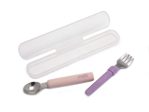 Melii Spork On The Go - Travel Utensils for Babies and Toddlers - Detachable Fork and Spoon with Carrying Case - Pink & Purple