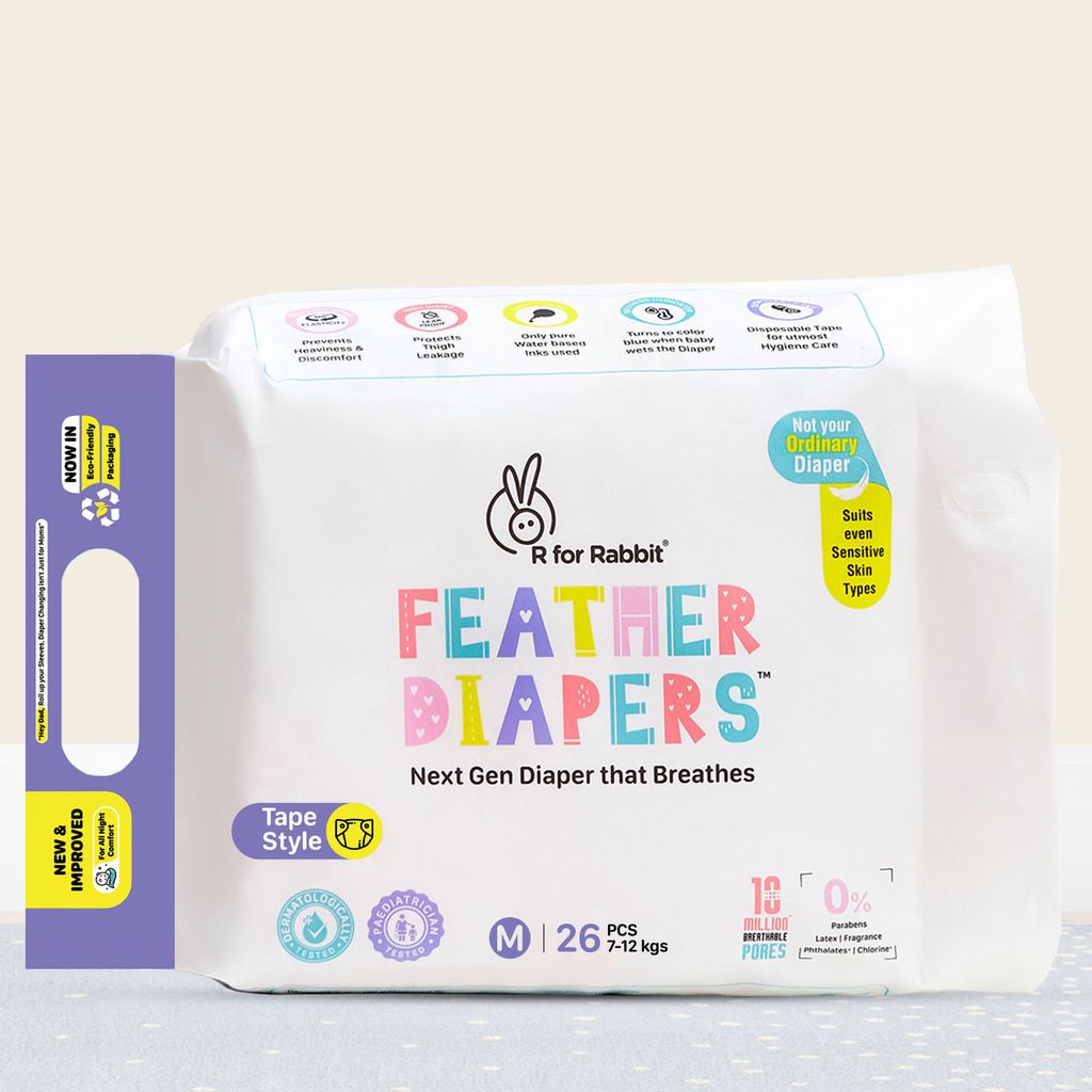 R for Rabbit Feather Diaper Tape Style- M Pack of 26 White Diaper