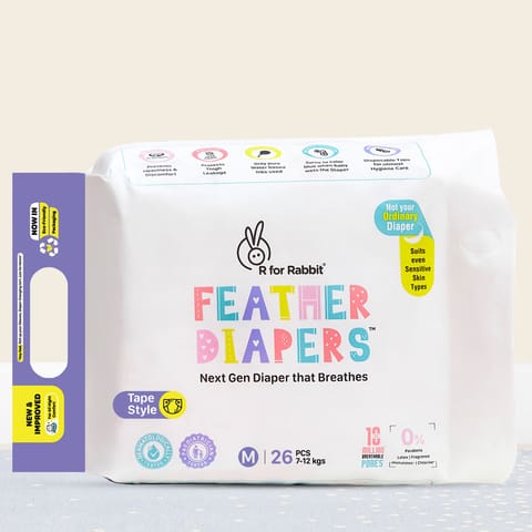R for Rabbit Feather Diaper Tape Style- M Pack of 26 White Diaper
