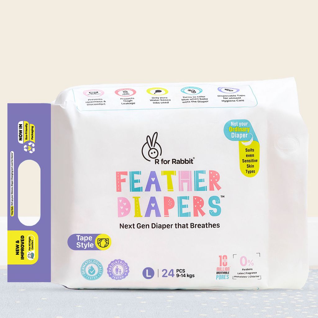 R for Rabbit Feather Diaper Tape Style - L&nbsp; Pack of 24 White Diaper