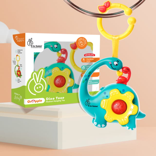 R for Rabbit Orapple Dino Tune Blue Yellow Hanging Toy