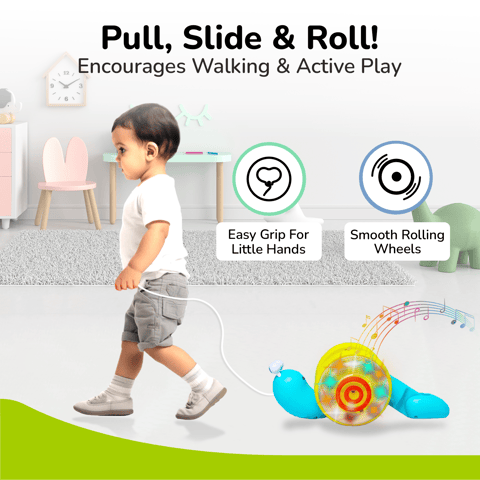 R for Rabbit Orapple Snail Tune Blue Yellow Pull Along Toy