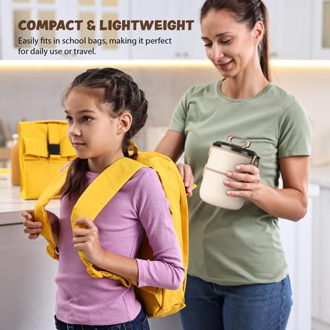 BAYBEE Premium Lunch Box for Kids & Adults with Spoon | BPA-Free Stackable Tiffin with 2 Separate Bowls, Leakproof Lid & Handle | 3 Compartment Durable Lunch Box for Office & School (2000ml, Beige)