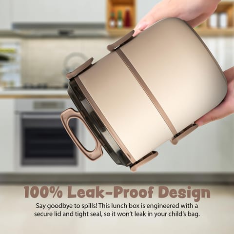 BAYBEE Premium Lunch Box for Kids & Adults with Spoon | BPA-Free Stackable Tiffin with 2 Separate Bowls, Leakproof Lid & Handle | 3 Compartment Durable Lunch Box for Office & School (2000ml, Beige)