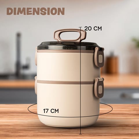 BAYBEE Premium Lunch Box for Kids & Adults with Spoon | BPA-Free Stackable Tiffin with 2 Separate Bowls, Leakproof Lid & Handle | 3 Compartment Durable Lunch Box for Office & School (2000ml, Beige)