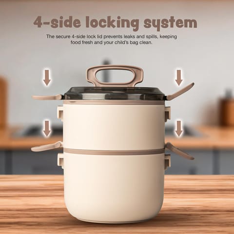 BAYBEE Premium Lunch Box for Kids & Adults with Spoon | BPA-Free Stackable Tiffin with 2 Separate Bowls, Leakproof Lid & Handle | 3 Compartment Durable Lunch Box for Office & School (2000ml, Beige)