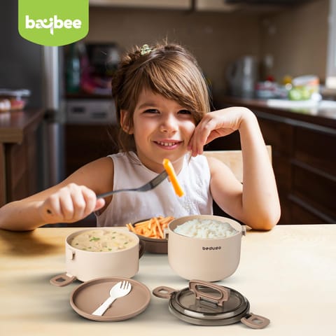 BAYBEE Premium Lunch Box for Kids & Adults with Spoon | BPA-Free Stackable Tiffin with 2 Separate Bowls, Leakproof Lid & Handle | 3 Compartment Durable Lunch Box for Office & School (2000ml, Beige)