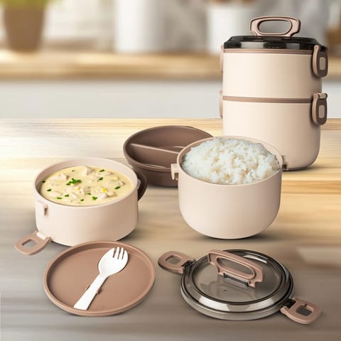 BAYBEE Premium Lunch Box for Kids & Adults with Spoon | BPA-Free Stackable Tiffin with 2 Separate Bowls, Leakproof Lid & Handle | 3 Compartment Durable Lunch Box for Office & School (2000ml, Beige)