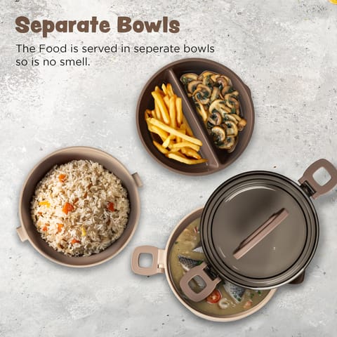 BAYBEE Premium Lunch Box for Kids & Adults with Spoon | BPA-Free Stackable Tiffin with 2 Separate Bowls, Leakproof Lid & Handle | 3 Compartment Durable Lunch Box for Office & School (2000ml, Beige)