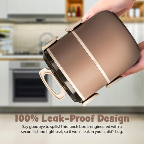 BAYBEE Premium Lunch Box for Kids & Adults with Spoon | BPA-Free Stackable Tiffin with 2 Separate Bowls, Leakproof Lid & Handle | 3 Compartment Durable Lunch Box for Office & School (2000ml, Brown)