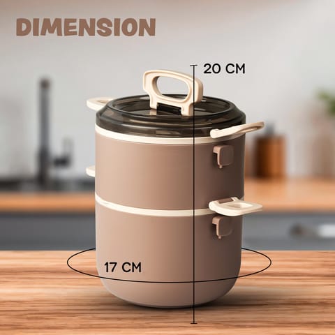 BAYBEE Premium Lunch Box for Kids & Adults with Spoon | BPA-Free Stackable Tiffin with 2 Separate Bowls, Leakproof Lid & Handle | 3 Compartment Durable Lunch Box for Office & School (2000ml, Brown)