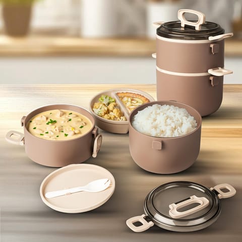 BAYBEE Premium Lunch Box for Kids & Adults with Spoon | BPA-Free Stackable Tiffin with 2 Separate Bowls, Leakproof Lid & Handle | 3 Compartment Durable Lunch Box for Office & School (2000ml, Brown)