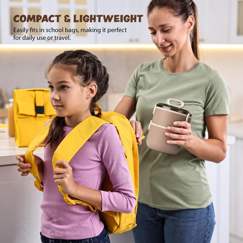 BAYBEE Premium Lunch Box for Kids & Adults with Spoon | BPA-Free Stackable Tiffin with 2 Separate Bowls, Leakproof Lid & Handle | 3 Compartment Durable Lunch Box for Office & School (2000ml, Brown)