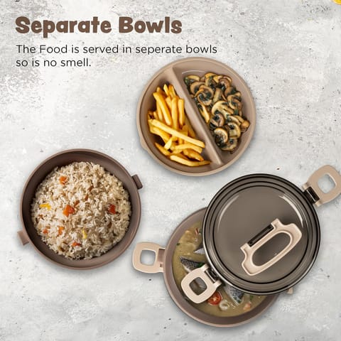 BAYBEE Premium Lunch Box for Kids & Adults with Spoon | BPA-Free Stackable Tiffin with 2 Separate Bowls, Leakproof Lid & Handle | 3 Compartment Durable Lunch Box for Office & School (2000ml, Brown)