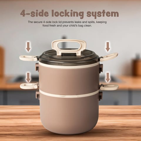 BAYBEE Premium Lunch Box for Kids & Adults with Spoon | BPA-Free Stackable Tiffin with 2 Separate Bowls, Leakproof Lid & Handle | 3 Compartment Durable Lunch Box for Office & School (2000ml, Brown)