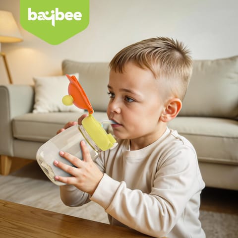 Baybee SnowSip Baby Sipper Bottle with Straw for Kids | Spill Proof & BPA Free Safe Sipper 540ml | Cute Cartoon Design Smooth Sipping & Neck Strap | Water Bottle for School Kids Boys Girls (Green)