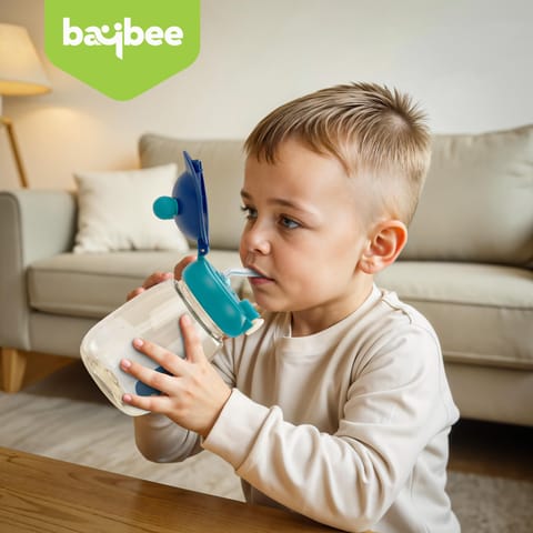 Baybee SnowSip Baby Sipper Bottle with Straw for Kids | Spill Proof & BPA Free Safe Sipper 540ml | Cute Cartoon Design Smooth Sipping & Adjustable Strap | Water Bottle for School Kids Boys Girls(Blue)
