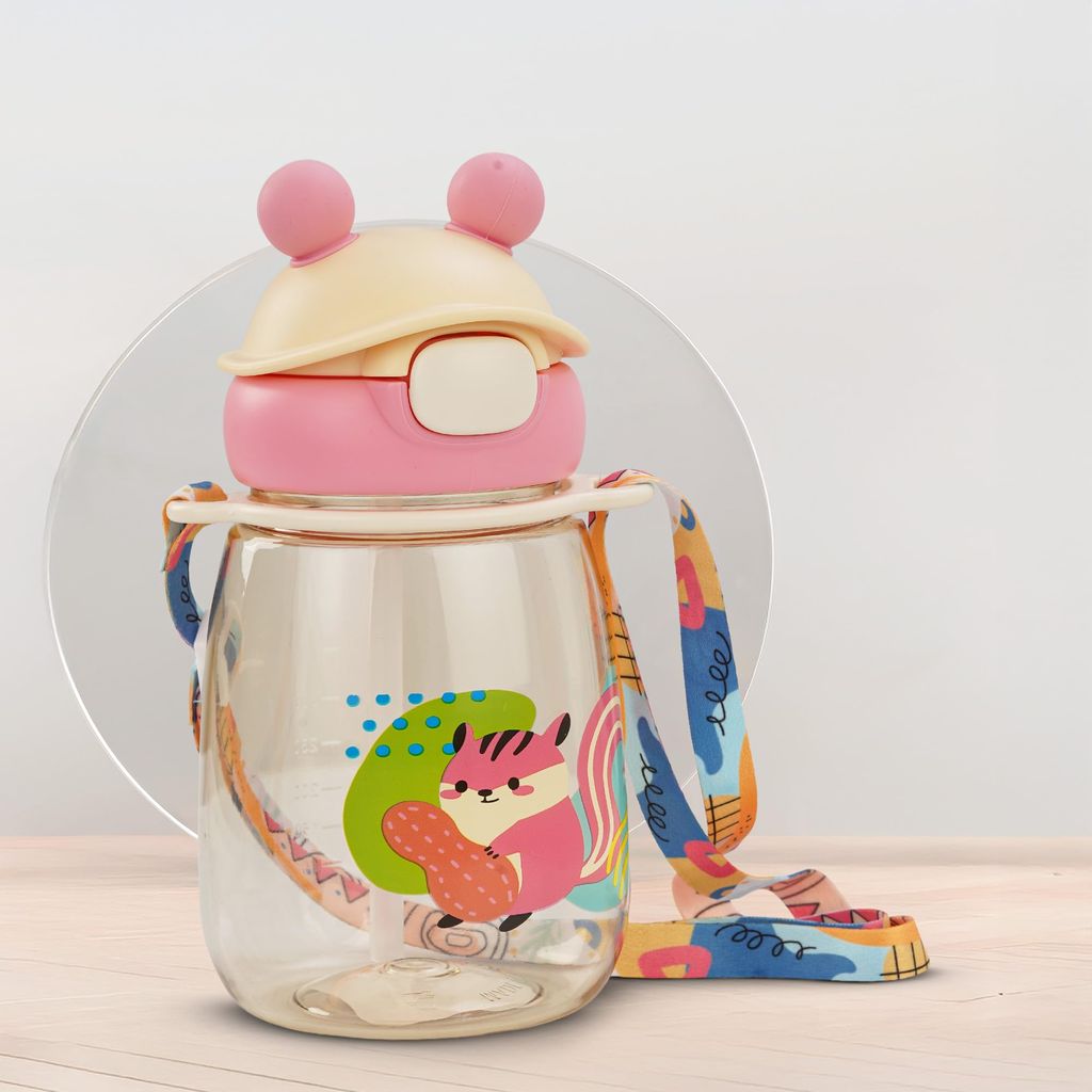 Baybee SnowSip Baby Sipper Bottle with Straw for Kids | Spill Proof & BPA Free Safe Sipper 540ml | Cute Cartoon Design Smooth Sipping & Adjustable Strap | Water Bottle for School Kids Boys Girls(Pink)