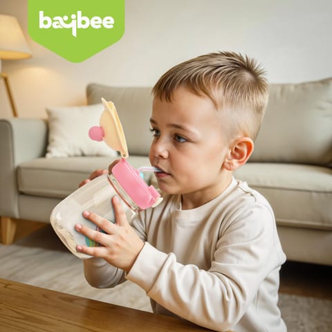 Baybee SnowSip Baby Sipper Bottle with Straw for Kids | Spill Proof & BPA Free Safe Sipper 540ml | Cute Cartoon Design Smooth Sipping & Adjustable Strap | Water Bottle for School Kids Boys Girls(Pink)