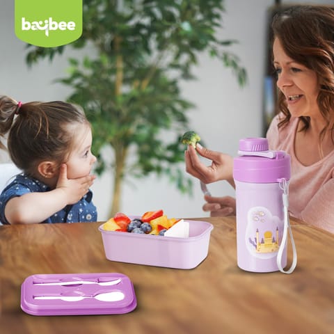 BAYBEE TiffinTote Lunch Box for School Kids Girls, Boys | BPA-Free 1050ml Lunch Box with 500ml Water Bottle with Spoon & Fork | Leak-Proof Tiffin Box with Sipper Bottle for School, Picnic (Purple)